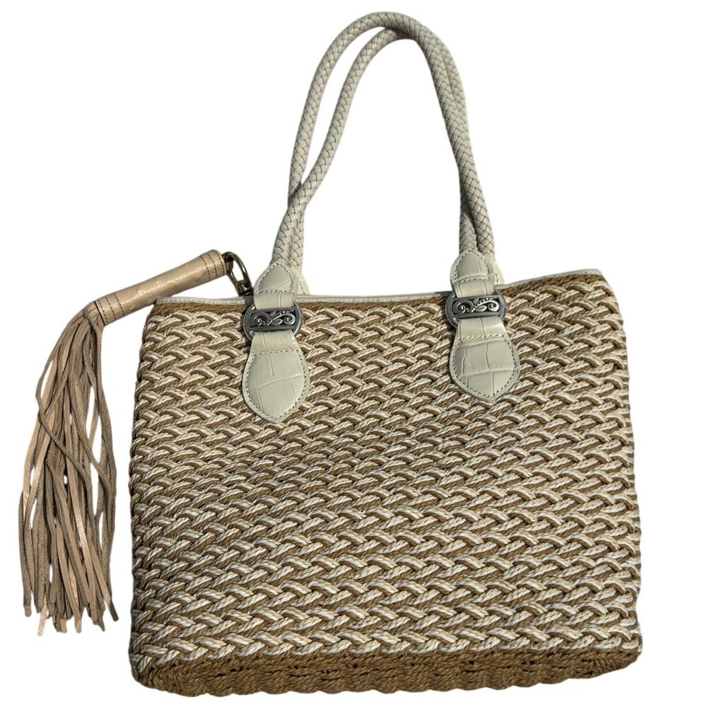 BRIGHTON EVA STRAW TOTE — Sand Pearl Metallic Leather Trim Handbag with Tassel